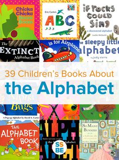 children's books about the alphabet are featured in this collage with text that reads 39 children's books about the alphabet