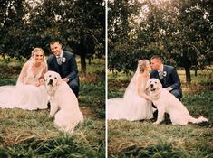 a bride and groom pose with their dog