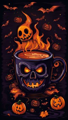 a coffee cup filled with liquid and pumpkins