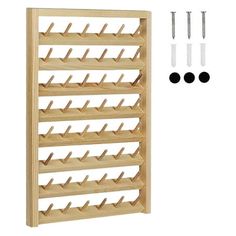 a wooden wine rack with two screws on the side and three other screws