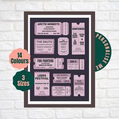 a poster with some tickets on it and the words arctic monkeys in green, pink and purple