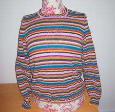 Made to order stripey jumper in your choice of 14 colours.  The stripes are in sequence and repeat although they could be random.  I've chosen either 2 rows or 4 rows for this pattern. All the yarns are 75% wool, 25% nylon/polyamide and are machine washable. The model pictured is a UK size 12 (34 to 36 inch bust) and I can knit this style in sizes from 32 inches up to 54 inches.  It's not a fitted style. Striped Fitted Crew Neck Sweater, Fitted Style, Sweater Jumper, Pullover Sweater Women, Model Pictures, Jumper Sweater, Wool Sweater, Women Pullover, Wool Sweaters