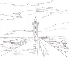 a drawing of a lighthouse in the ocean