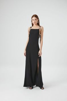 Satin Tie-Strap Maxi Dress | Forever 21 Satin Maxi Dress With Tie Back, Gala Slip Dress With Tie Back In Maxi Length, Maxi Slip Dress With Tie Back For Gala, Evening Floor-length Slip Dress With Side Slits, Summer Satin Maxi Dress With Square Neck, Elegant Slip Dress With Tie Straps And Straight Neckline, Satin Maxi Dress With Strappy Back For Prom, Prom Slip Dress With Tie Back In Maxi Length, Evening Dresses With Lace-up Back And Square Neck