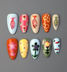 Short Almond Nail Art, Almond Nail Art Designs, Nail Short Almond, Fish Nail Art, Fish And Flowers, Fish Nails, Nail Short, Almond Nail Art, 3d Fish