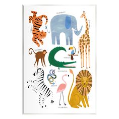 a poster with different animals and birds on it's sides, including an elephant, zebra