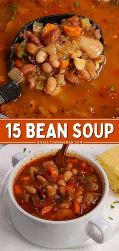 bean soup in a white bowl with spoon and cornbread on the side, and an image of beans being poured into it