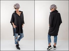 Black Loose Shirt Asymmetric shirt Oversize Summer Spring | Etsy Chic Oversized Asymmetrical Blouse, Trendy Oversized Top With Asymmetrical Hem, Casual Oversized Asymmetrical Shirt, Oversized Edgy Tops For Spring, Asymmetric Shirt, Shirt Oversize, Older Women Fashion, Loose Shirt, Glamorous Style