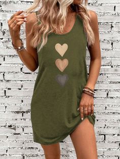 Casual Minimalist Heart Pattern Round Neck Camisole And Shorts Dress, Suitable For Summer Army Green Casual  Sleeveless Knitted Fabric Geometric,Heart Tank Slight Stretch  Women Clothing, size features are:Bust: ,Length: ,Sleeve Length: Casual Sleeveless Heart Print Dress, Shorts Dress, Geometric Heart, Heart Pattern, 50's Dress, Heart Patterns, Collar Dress, Colorful Leggings, All Fashion