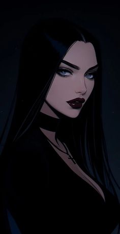 a woman with long black hair and blue eyes in the dark, looking into the distance