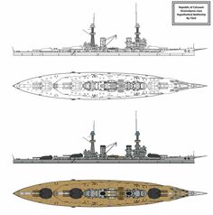 an image of a battleship with different views