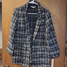 Nanette Lepore Black And White Jacket, Size M, Brand New, Very Comfy And Nice Has Some Sequins All Over It. It Has A Plaid Design. It's Light But Warm Black Blazer For Day Out In Fall, Black Long Sleeve Blazer For Day Out, Black Lace Jacket, Black And White Jacket, Nanette Lepore Dress, Gingham Jacket, Beaded Jacket, Skirt Suit Set, Boucle Jacket