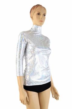 Silver on White Shattered Glass 3/4 Sleeve Turtle Neck Full Length Top Rave Festival Clubwear - 1542 Full Length Top, Pink Lemon, Fit Womens, Shattered Glass, Rave Festival, Womens Clothing Tops, Pop Art, Full Length, Ruffle Blouse