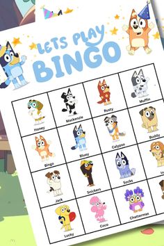 an image of a cartoon character game with the words let's play bingo on it