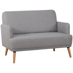 a gray couch sitting on top of a wooden frame