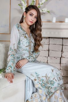 Aquamarine | Pakistani Designer Outfit | Sarosh Salman Silk Thread Embroidery, Crystal Work, Mehendi Outfits, Luxury Pret, Designer Outfit, Neck Designs For Suits, Fancy Kurti, Pure Chiffon, Designer Party Wear Dresses