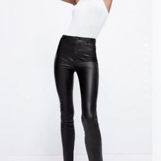 Zara Blogger Fav Black Faux Leather High Waist Skinny Leggings Nwot Excellent Condition Chic Tight Faux Leather Pants, Chic Tight Leather Pants For Fall, Sleek Tight Leather Pants For Party, Tight Black Leather Bottoms, Chic Tight Leather Bottoms, Chic Tight Leather Pants For Work, Chic Stretch High Rise Leather Pants, Zara High Waist Leather Pants, Chic Stretch High-rise Leather Pants