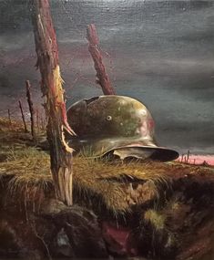 a painting of a helmet sitting on top of a hill