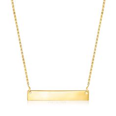 Ross-Simons - Plain - 14kt Yellow Gold Petite Bar Necklace. 16". RS Pure. Modern designs that complete your outfit and complement your personality. Right on-trend with the minimalist movement, this petite bar pendant shines in polished 14kt yellow gold, stationed on a cable chain with a 2" extender. Lobster clasp, 14kt yellow gold petite bar necklace. Classic Necklace With Adjustable Chain And Rectangular Pendant, Classic Necklaces With Adjustable Chain And Rectangular Pendant, Classic Necklaces With Adjustable Chain And Rectangular Shape, Classic Gold Rectangular Bar Necklace, Classic Rectangular Gold Bar Necklace, Gold Bar Necklace With Adjustable Chain And Rectangular Pendant, Gold Rectangular Bar Necklace, Personalized Charm Necklace, Monogram Earrings