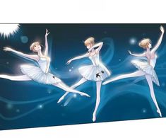 three ballerinas in white tutu skirts are flying through the air with their arms outstretched