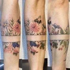 three different tattoos on the legs of people, one with flowers and butterflies in it