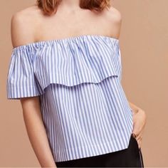 Wilfred Blue And White Striped Off Shoulder 100% Cotton Top. Very Cute! New / Never Worn Cute With Shorts, Jeans, Dress Pants, Etc. Chic Blue Tops For Daytime, Off Shoulder Top, Shorts Jeans, Off Shoulder Tops, Cotton Top, Jeans Dress, Cotton Tops, Dress Pants, White Stripe