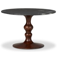 a round table with a marble top and wooden base, on an isolated white background