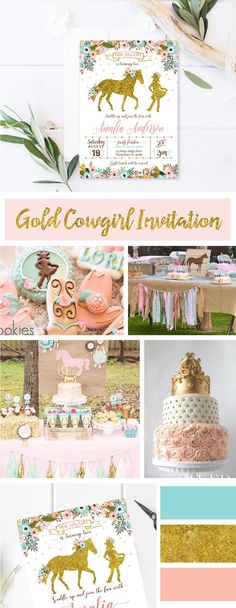 a collage of photos with gold, pink and blue