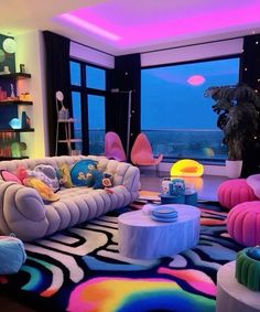 a living room filled with lots of colorful furniture