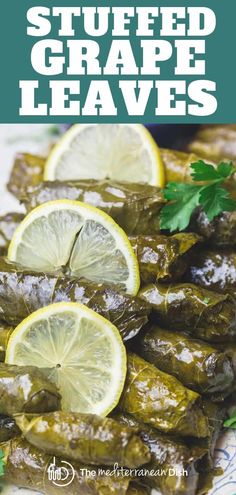 stuffed grape leaves with lemon wedges and parsley on the side for garnish