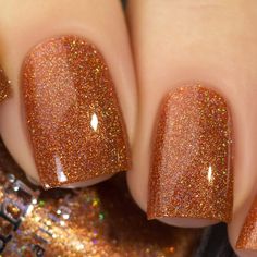 Copper Nails Designs, Short Fall Nails, Pet Poems, Lemon Nails, Copper Nails, Orange Nail Polish, Orange Nail, Rainbow Holographic, Nails Sparkle