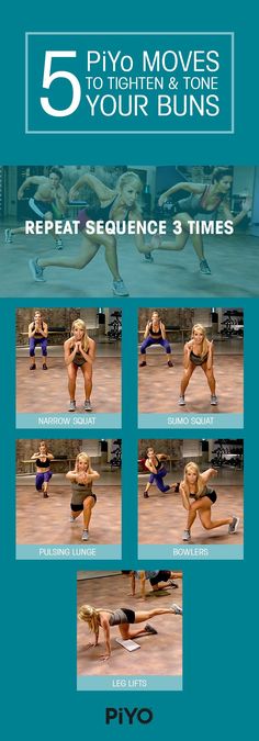 an advertisement for piyo moves and your buns, with pictures of people doing different poses