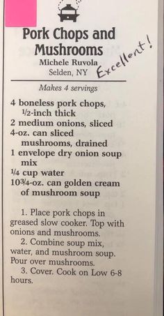 the menu for pork chops and mushrooms