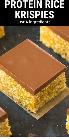 chocolate and peanut butter protein rice krispies with text overlay that says, just 4 ingredients