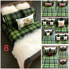 a collage of photos showing how to make a bed with plaid sheets and pillows