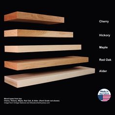 three different types of wood are shown in this advertisement for the cherry, hickory, maple, red oak and alder