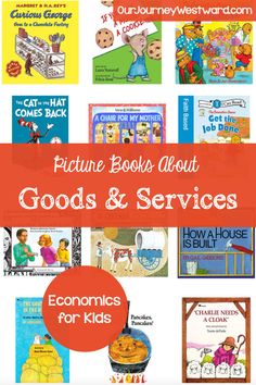 children's books about goods and services are featured in this postcard with the words,