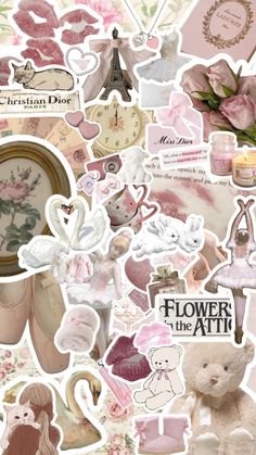 a collage of pink and white stickers with flowers, swans, teddy bears and other items