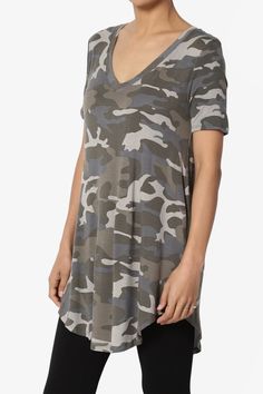 This camo-printed top is a surprisingly versatile piece you'll want to wear with everything. Add a touch of trend-right camo to your off-duty wardrobe with this soft, comfy jersey tee. Tuck in to denim or leather pants, versatile cool-girl silhouette that go from day to night with ease.V-Neck, Short SleevesCurved hem, Extended length for cover your hipLightweight soft & comfy stretchy jersey knit fabricSize Guide : Fits true to US size, take your normal sizeModel size : 5'3" height, 34" bust, 24 Camouflage Short Sleeve T-shirt With Relaxed Fit, Military Style Camouflage Short Sleeve Tops, Spring Camouflage Cotton T-shirt, Summer Military Camouflage Tops, Military Camouflage Short Sleeve Tops, Girl Silhouette, Camo Print, Jersey Tee, Color Khaki