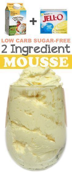 a cake with white frosting on top and the words low carb sugar - free 2 ingredient mousse