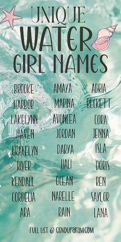 the poster for unique water girl names is shown in blue and green colors with pink starfish