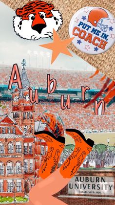 the auburn football team is depicted in this collage with images of stadium buildings and sports memorabilia