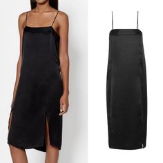 Equipment Slip Dress In Black Straight Neckline Adjustable Spaghetti Straps Knee-Length Cut Two Side Slits From Hem To Thigh Unlined Silk-Satin 100% Silk Slightly Loose Fit Silk Slip Dress, Straight Neckline, Silk Slip, Silk Satin, Black Color, Spaghetti Strap, Knee Length, Slip Dress, Spaghetti