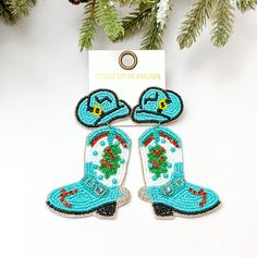 Beaded Cowboy Hat and Boot Earrings with a Christmas Tree in Turquoise Blue - Giddy Up Glamour Boutique Christmas Game Prizes, Beaded Cowboy Hat, Boot Earrings, Christmas Wardrobe, Presents Christmas, Christmas Game, Game Prizes, Giddy Up Glamour, Western Earrings