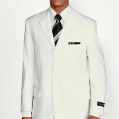 Affordable 4 Button Polyester Suit With Notch Lapel, Non Vented Back And Pleated Pants Pants Come 6 Inches Smaller Than Jacket Size And Can Adjust 2 Inches Out Or 4 Inches In. Mens White Suit, Pleated Pants, Suit Fashion, Mens Suits, Blazer Suit, White Color, 6 Inches, Man Shop, Pants