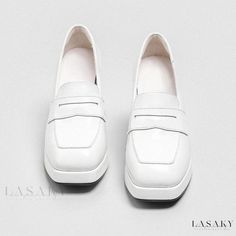 Lasaky - Womens Classic Chunky Heel Loafers with Square Toe and Low-Cut Vamp Trendy White Platform Loafers For Office, White Platform Loafers For Office Fall Season, Office White Platform Loafers, White Pointed Toe Platform Loafers For Office, White Platform Loafers With Flat Heel For Office, White Flat Platform Loafers For Office, White Square Toe Loafers For Office, White Square-toe Loafers For Office, Chunky Heel Loafers