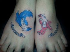 two people with tattoos on their feet and one has an image of sonic the hedgehog