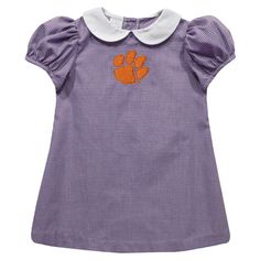 Clemson Tigers Embroidered Purple Gingham Short Sleeve A Line Dress Tiger Girl, School Material, Purple Gingham, Embroidered Dresses, Clemson University, Gingham Shorts, Hand Smock, Gingham Fabric, Clemson Tigers