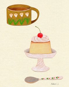 a drawing of a cake on a plate next to a mug with a cherry on it