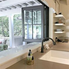 the kitchen counter is clean and ready to be used as a washroom for dishes